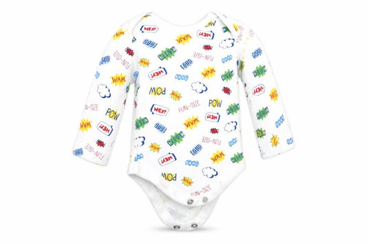 Front view of Pep&Co boys’ white romper one-piece, size 0-3, months - text print