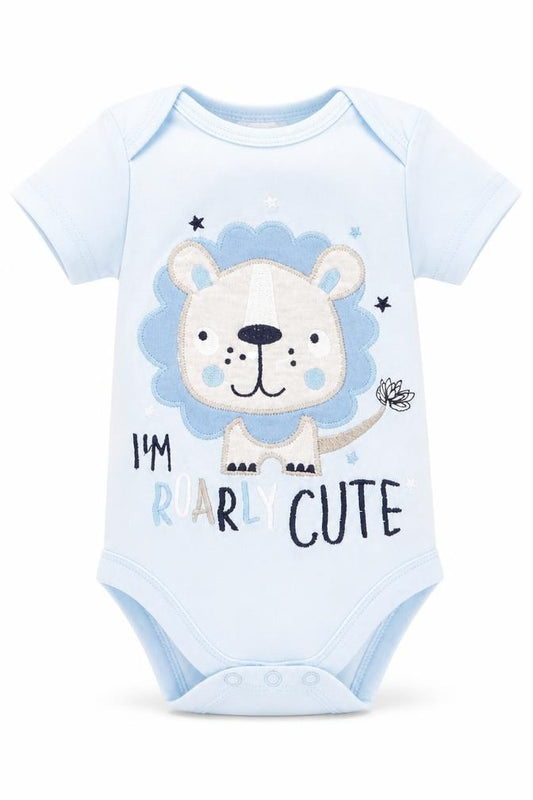 Front view of Moon & Stars boys’ blue animal print romper one-piece, size 0-3, months - lion i'm roarly cute