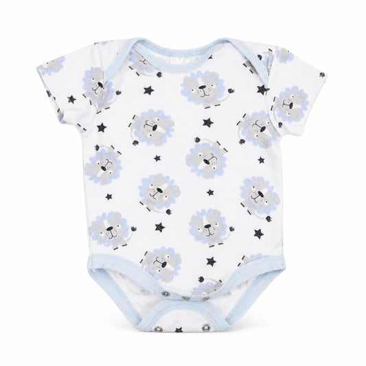 Front view of Moon & Stars Baby Blue Animal Print Romper One-Piece, size 0-3, Months
