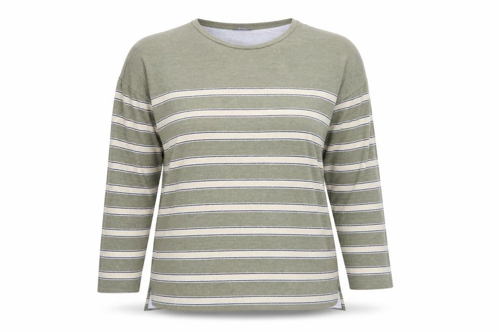 Front view of Nutmeg women’s green striped jumper, size UK 14