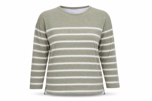 Front view of Nutmeg women’s green striped jumper, size UK 14