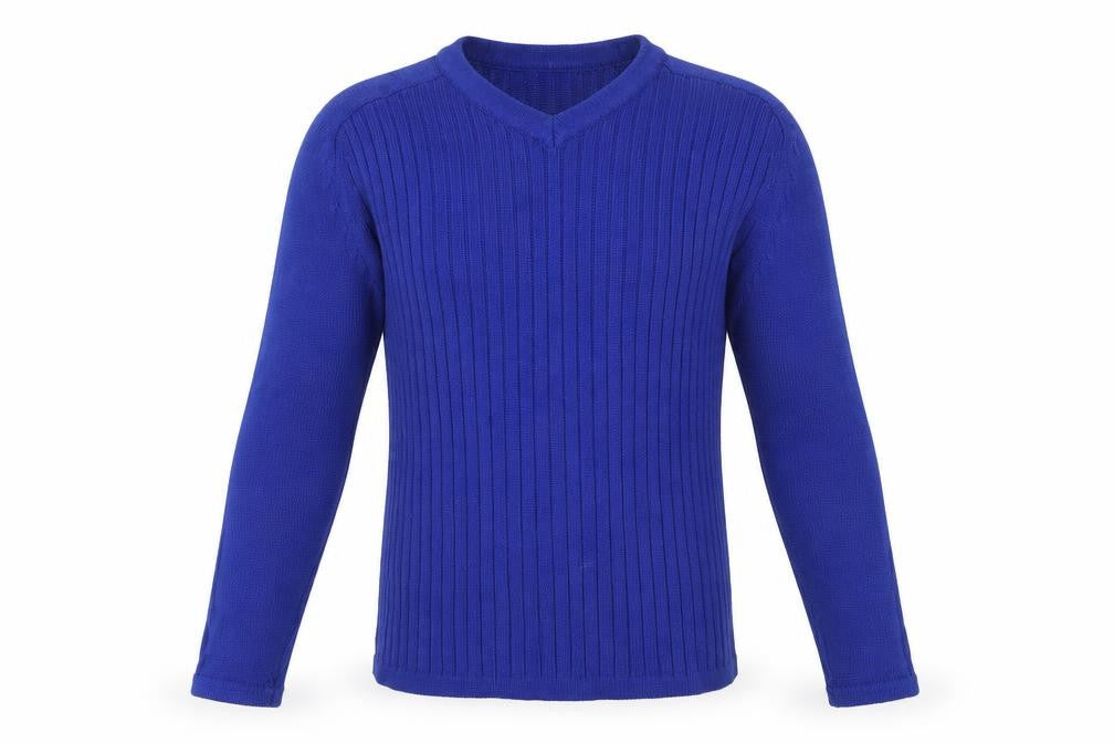 Front view of JGS men’s blue jumper, size M