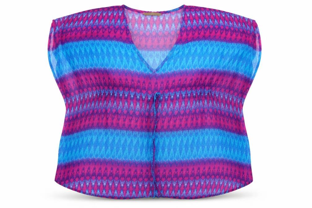 Front view of Tu women’s purple striped poncho, size S