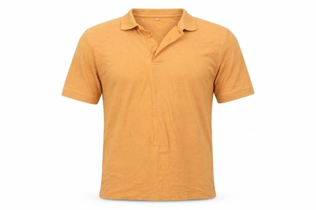 Front view of Fellini men’s orange polo, size L
