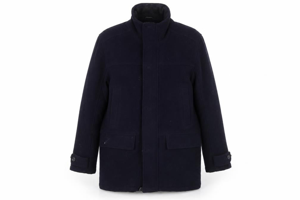Front view of EWM women’s blue overcoat coat, size L