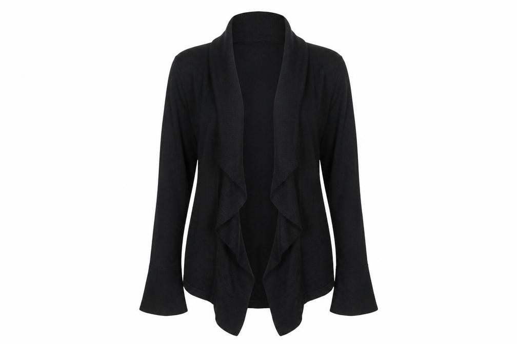Front view of Moda women’s black cardigan jumper, size UK 14