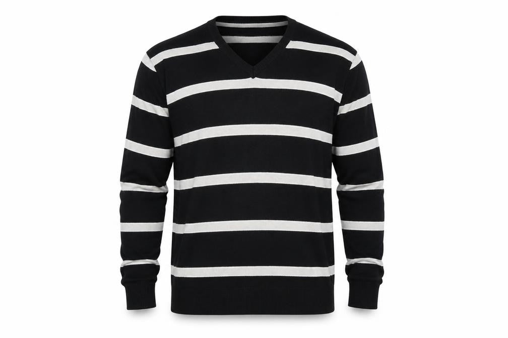 Front view of PHILLIP RUSSEL men’s black striped jumper, size 2XL