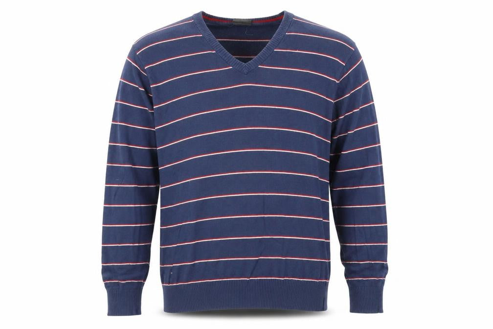 Front view of H&M men’s blue striped jumper, size XL