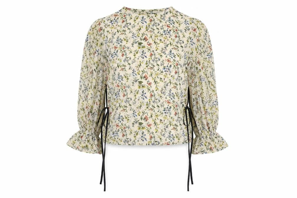 Front view of Fashion Union women’s green floral basic blouse, size UK 6