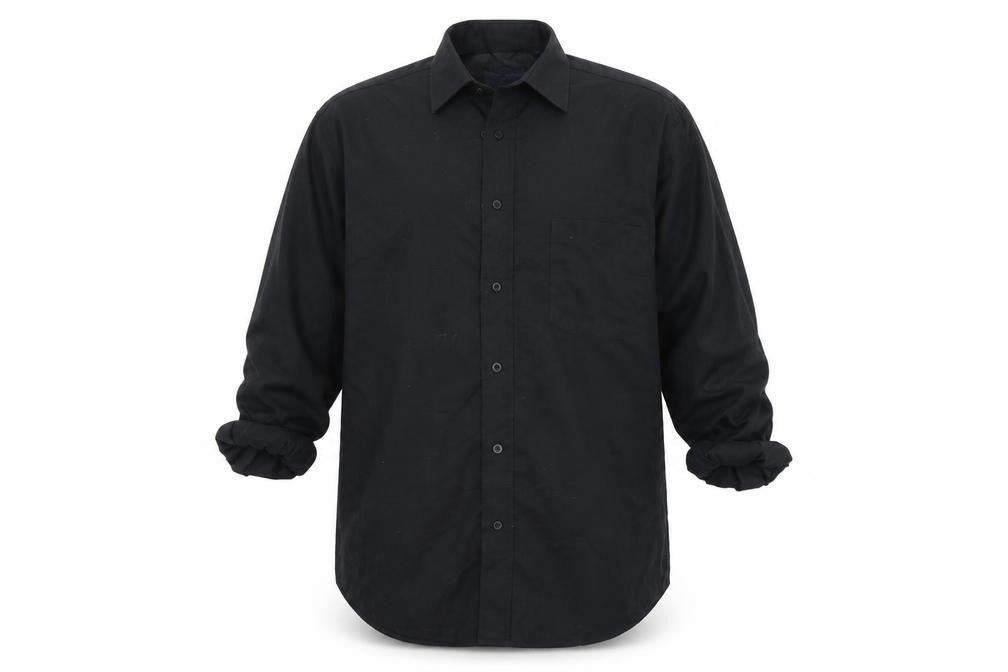 Front view of Peter England men’s black button-up, size 15.5