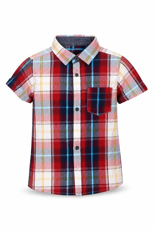 Front view of Rebel boys’ red check basic button-up, size 3-4, years