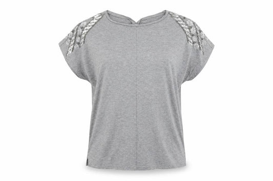 Front view of Warehouse women’s grey basic t-shirt, size UK 6