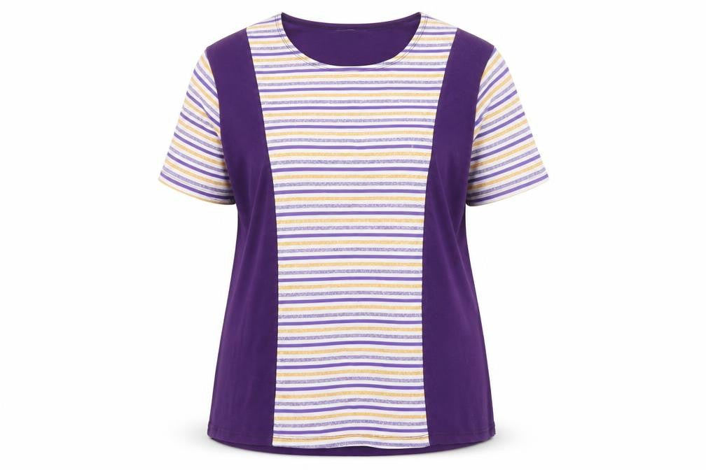 Front view of Teo women’s purple striped basic t-shirt, size XL