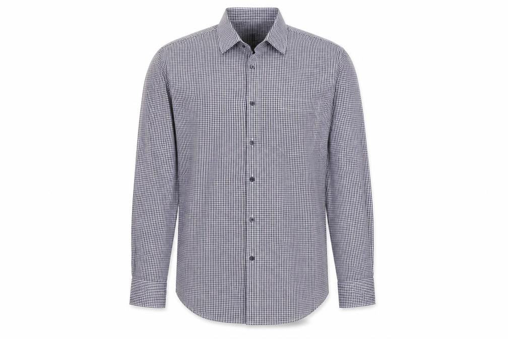 Front view of F&F men’s purple plaid button-up, size 16.5