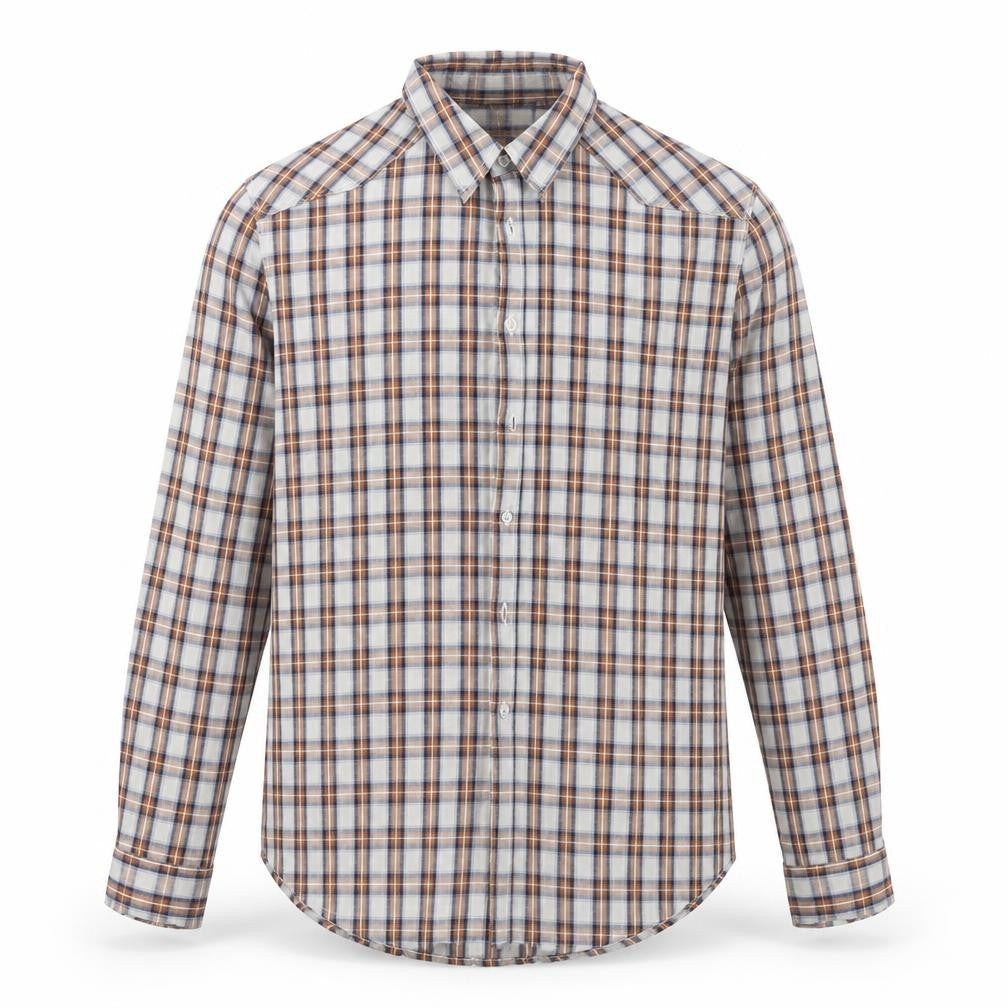 Front view of New Look men’s brown plaid button-up, size L