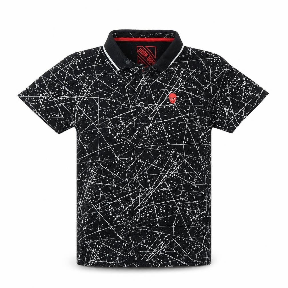 Front view of Urban Debt boys’ black geometric basic polo, size 9, years