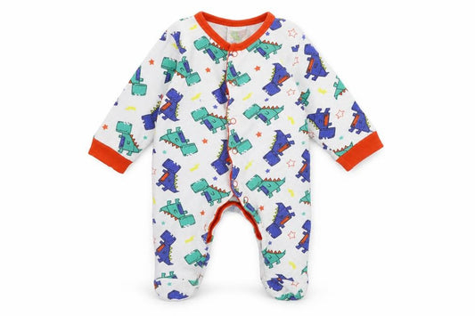 Front view of Little Din Baby White Geometric Jersey Babygrow One-Piece Size Newborn - Dinosaurs