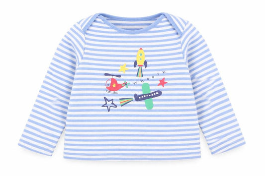 Front view of F&F boys’ multicoloured striped babydoll pyjama top, size 18-24, months