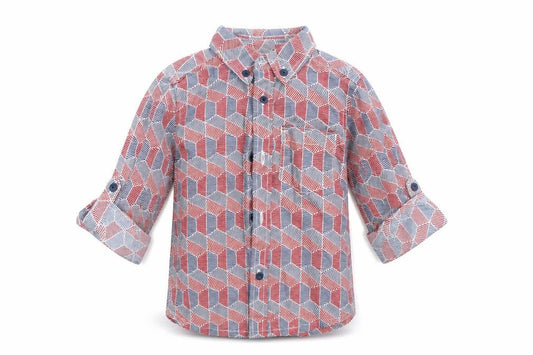 Front view of Bows & arrows boys’ red geometric basic button-up, size 2-3, years