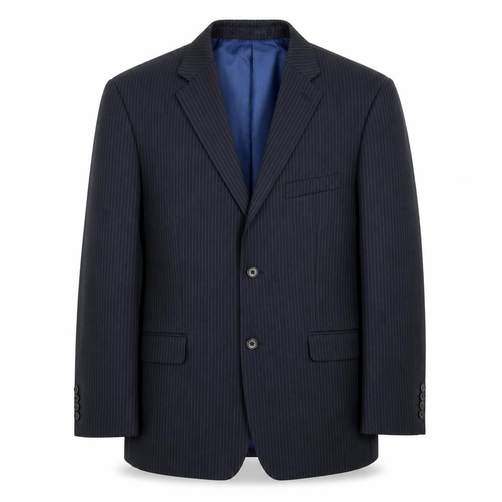 Front view of Charlton Gray men’s blue striped jacket suit jacket, size 44