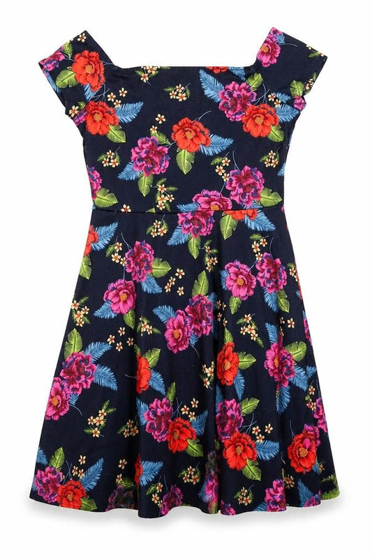 Front view of New Look women’s blue floral fit & flare, size UK 14