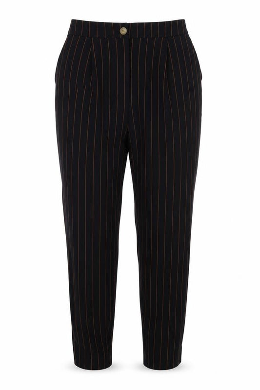 Front view of New Look women’s blue striped trousers, size UK 10, 28-inch leg