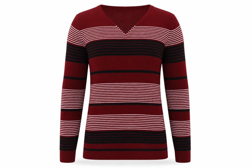 Front view of EWM women’s red striped pullover sweatshirt, size M