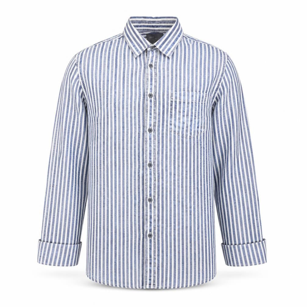 Front view of Zara men’s blue striped button-up, size L