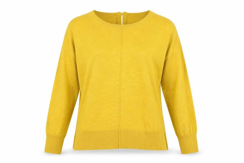 Front view of El Corte Inglés women’s yellow knit jumper, size UK 12