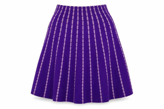 Front view of Preworn women’s purple flare skirt, size UK 29, in