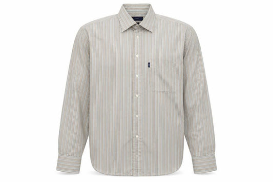 Front view of Andre men’s beige striped button-up, size L