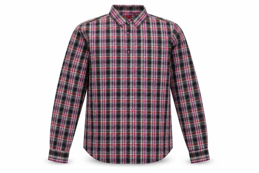 Front view of B-Line men’s black check button-up, size L