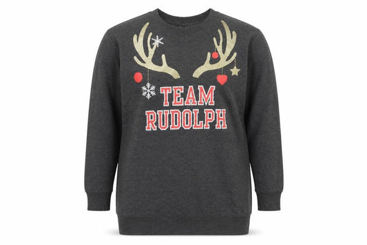Front view of H&M women’s grey pullover sweatshirt, size XS, - christmas