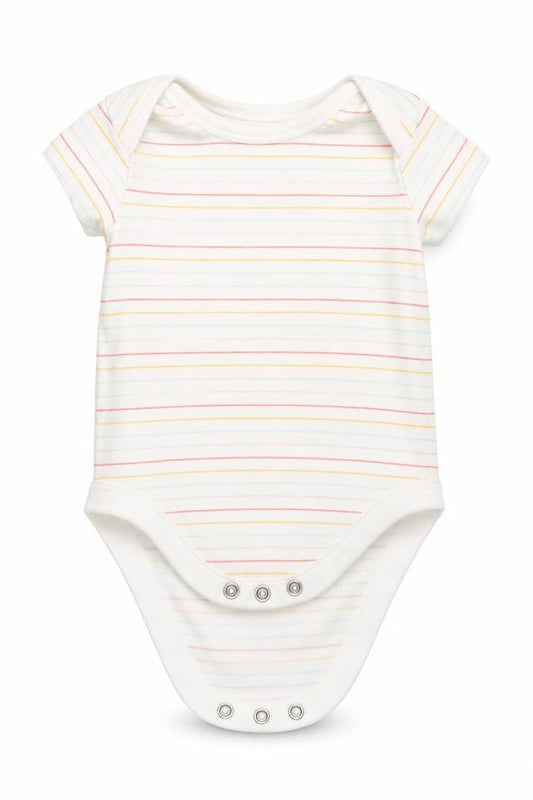 Front view of Primark Baby White Striped Babygrow One-Piece, size 6-9, Months
