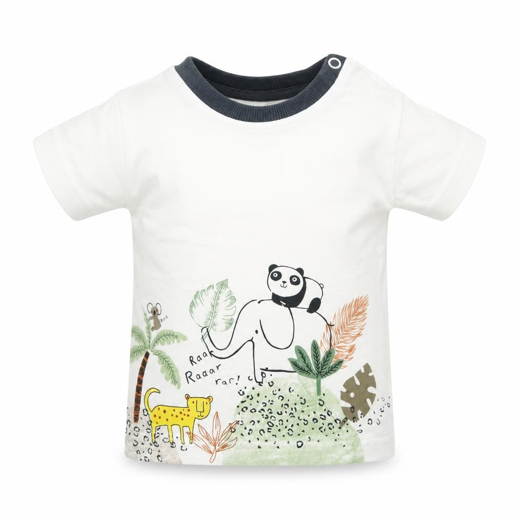 Front view of Nutmeg Baby White Animal Print Basic T-Shirt, size 9-12, Months