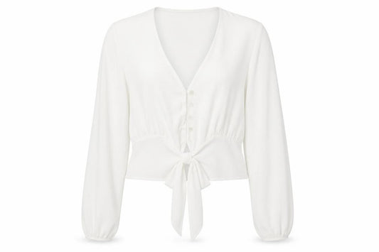 Front view of Boohoo women’s white basic button-up, size UK 16