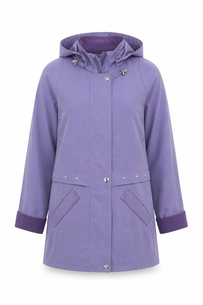 Front view of EWM women’s purple overcoat coat, size UK 10