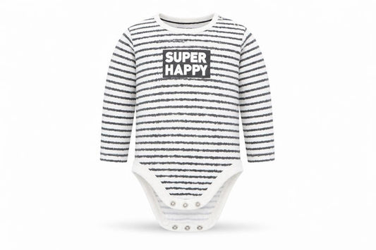 Front view of My K boys’ black striped romper one-piece, size 9-12, months - super happy