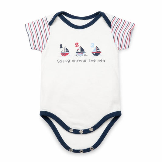 Front view of Just Too Cute boys’ white romper one-piece, size 3-6, months - striped arms sailing boats