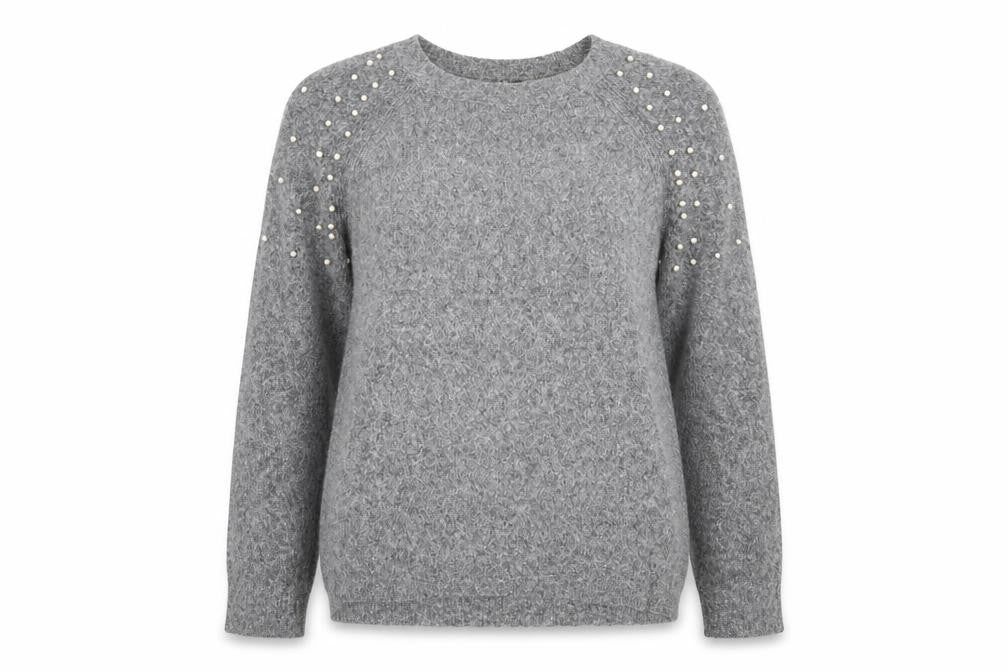 Front view of Intuition women’s grey jumper, size UK 8, - beaded shoulders