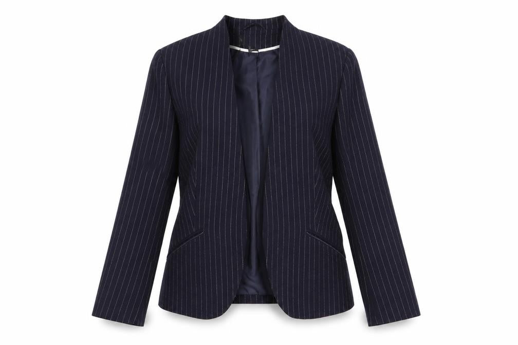 Front view of H&M women’s blue striped jacket, size UK 10