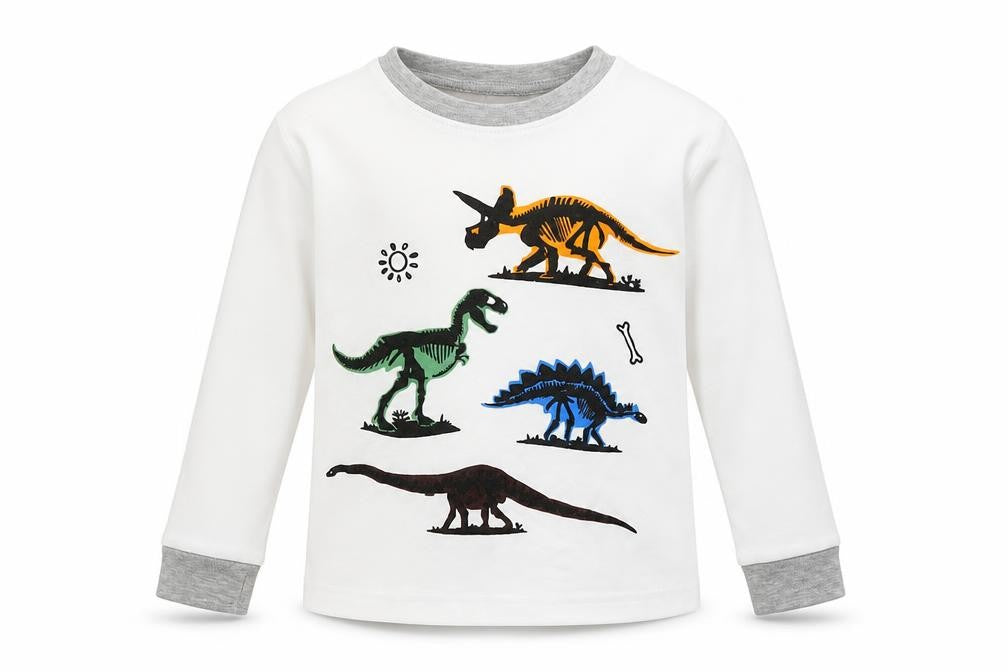 Front view of Popshion boys’ white basic t-shirt, size 3, years - dinosaurs
