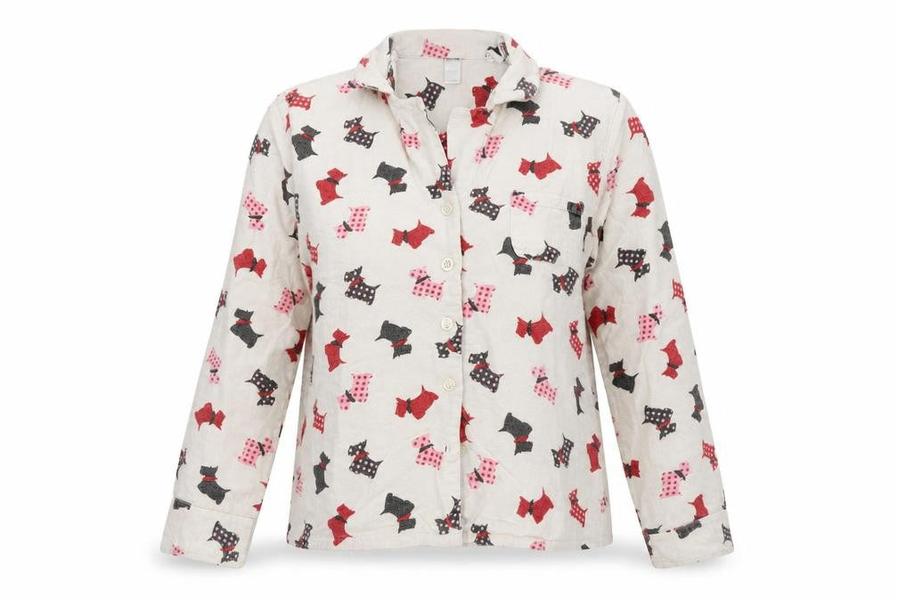 Front view of Preworn women’s white top pyjama top, size UK 12, - dog print