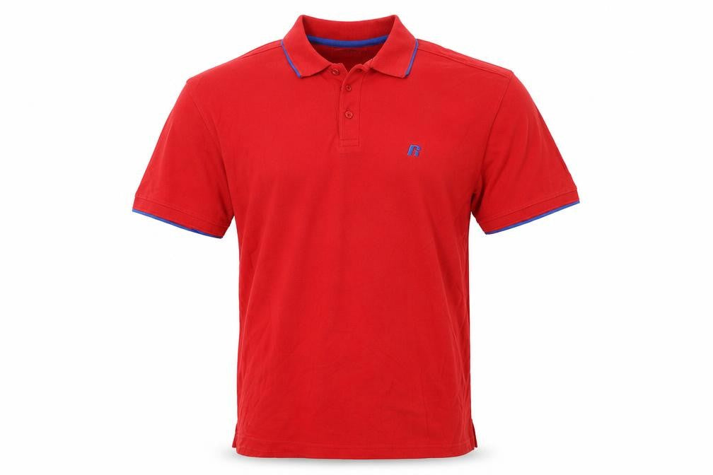 Front view of Russell Athletic men’s red polo, size L
