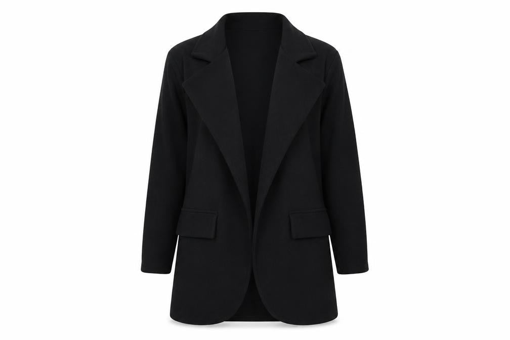 Front view of PRETTYLITTLETHING women’s black overcoat jacket, size UK 12
