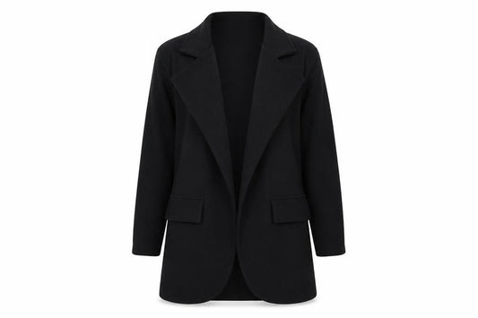 Front view of PRETTYLITTLETHING women’s black overcoat jacket, size UK 12