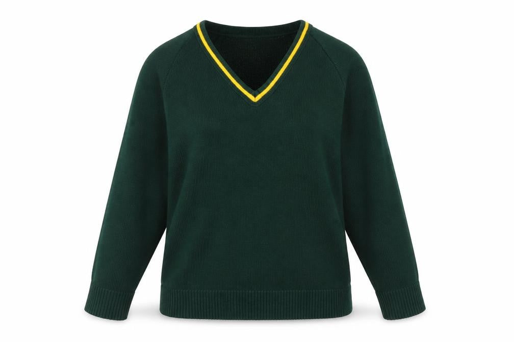 Front view of Uni Form women’s green jumper, size UK 6