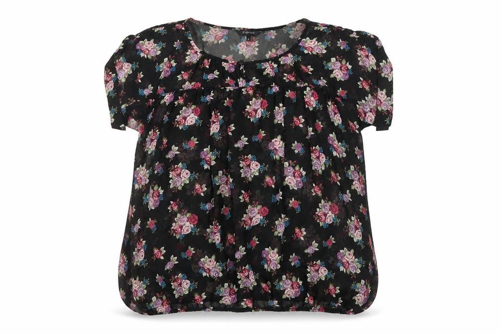 Front view of Papaya women’s black floral basic blouse, size UK 8