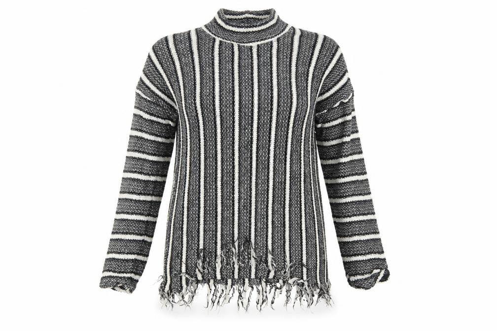 Front view of Topshop women’s grey striped jumper, size UK 10