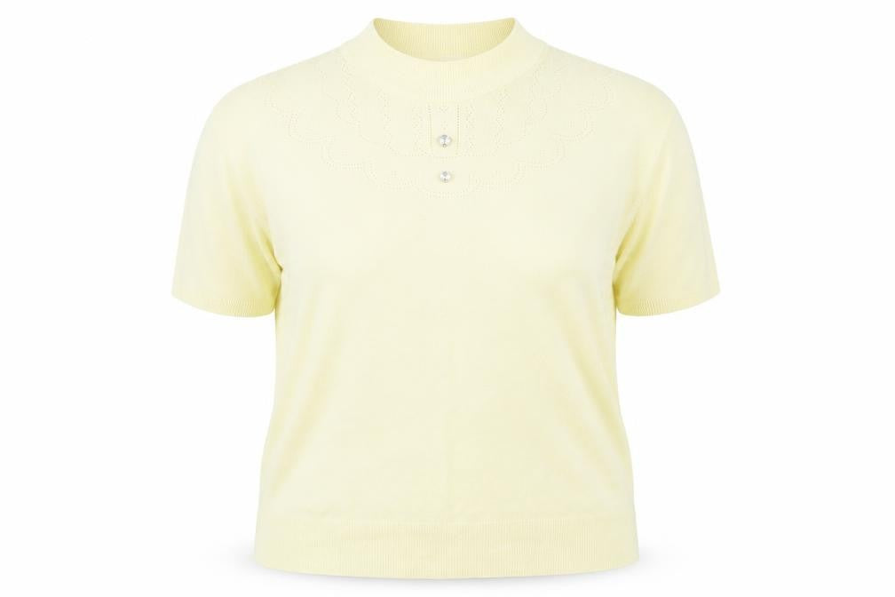 Front view of Preworn women’s yellow jumper, size UK 18